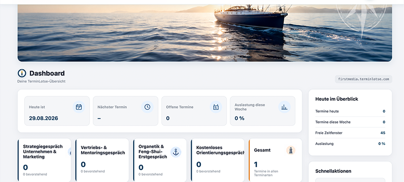 TerminLotse Admin-Dashboard mit Terminübersicht, Auslastung und Terminarten
