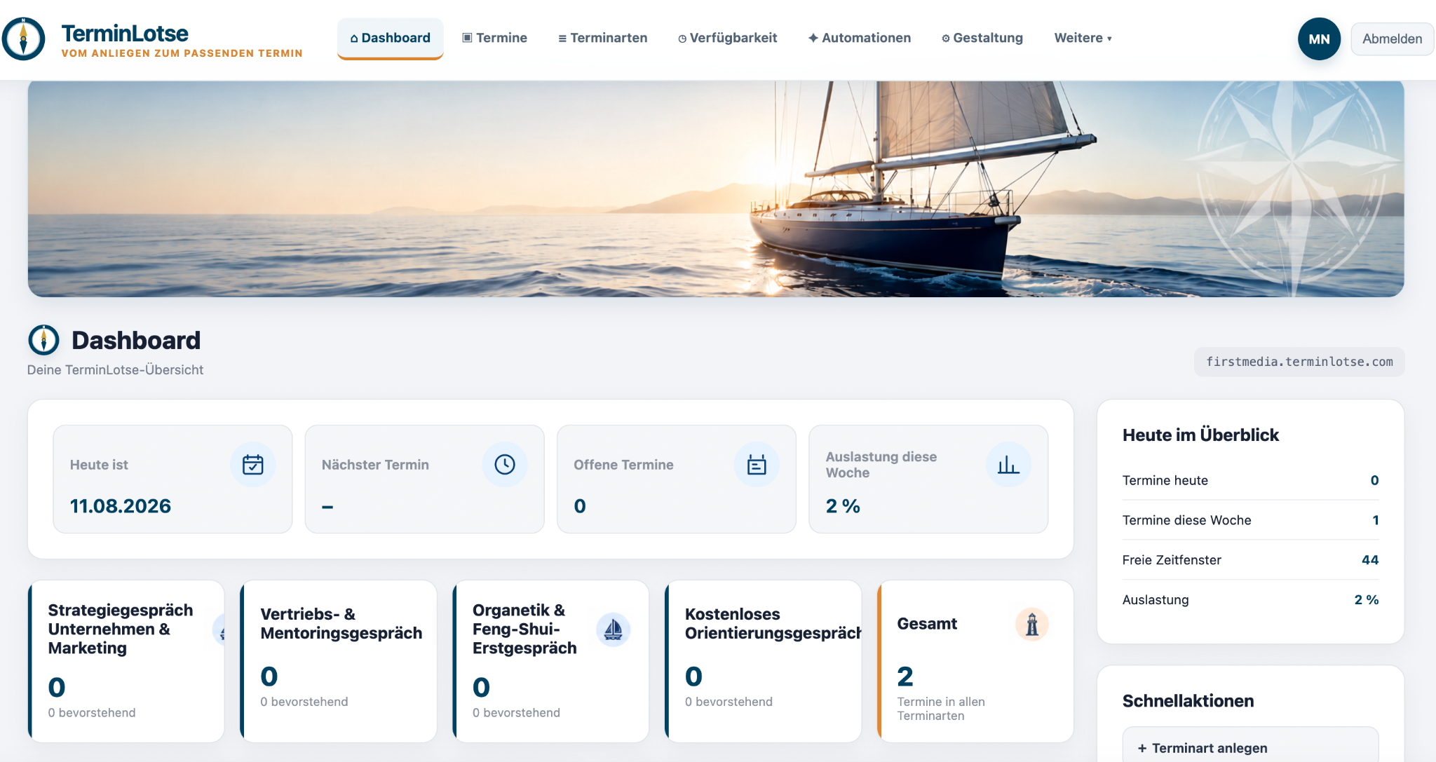 Reale Dashboardansicht von TerminLotse mit Terminen, Auslastung und Schnellaktionen